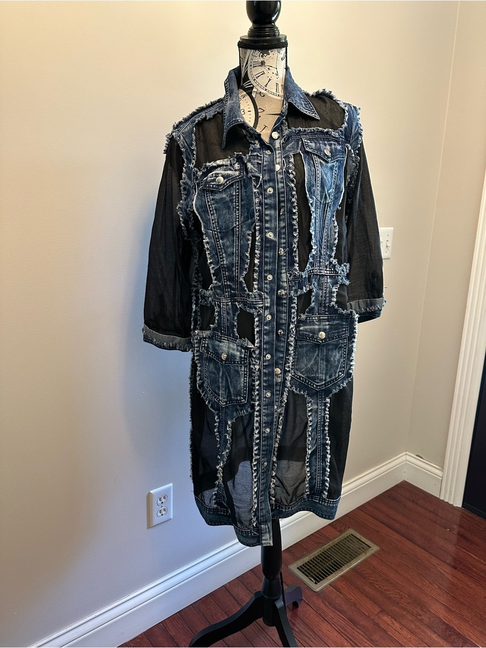 Raw-Edge Denim & Sheer Black Tunic Shirt Dress